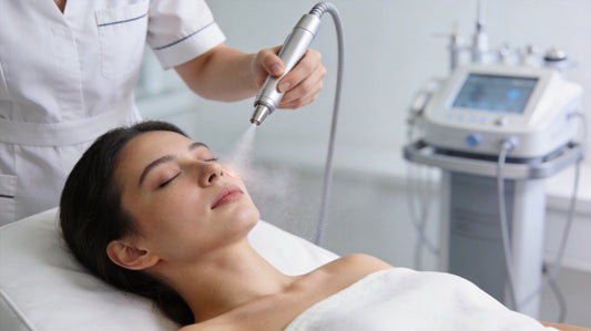 Jet peel treatment spraying a pressurized oxygen and serum mist over a relaxed client's face on a clinic bed, contact-free facial