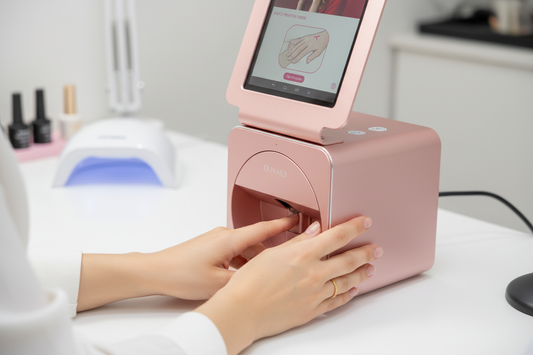 Nail technician using O2nails X11 Plus nail art printer step-by-step tutorial for salon professionals