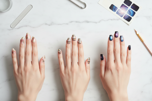 Comparison of hand-painted nail art, nail wraps, and printed nail designs for salon professionals