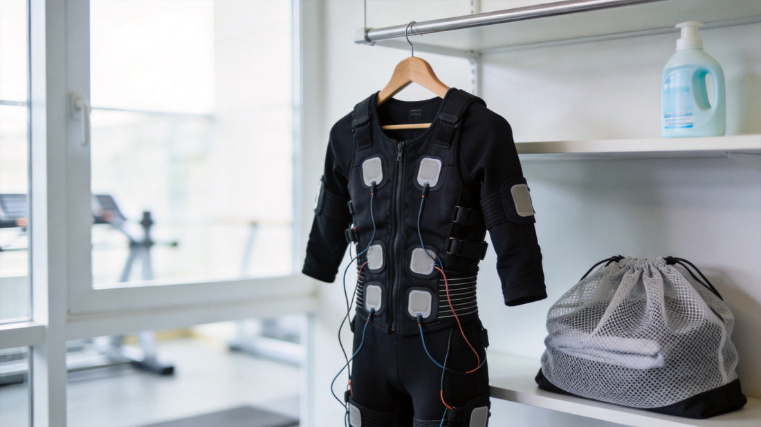 EMS training suit hanging on a hanger in a laundry room