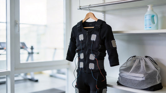 EMS training suit hanging on a hanger in a laundry room