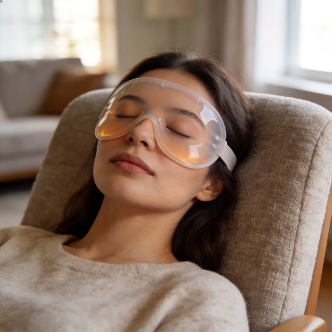 Heated eye mask resting over closed eyes during a warm compress routine for dry eyes