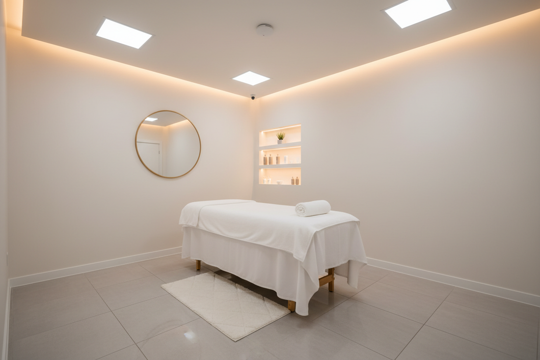 Professional beauty salon treatment room with clean white massage table and fresh linen - iTech Aesthetics