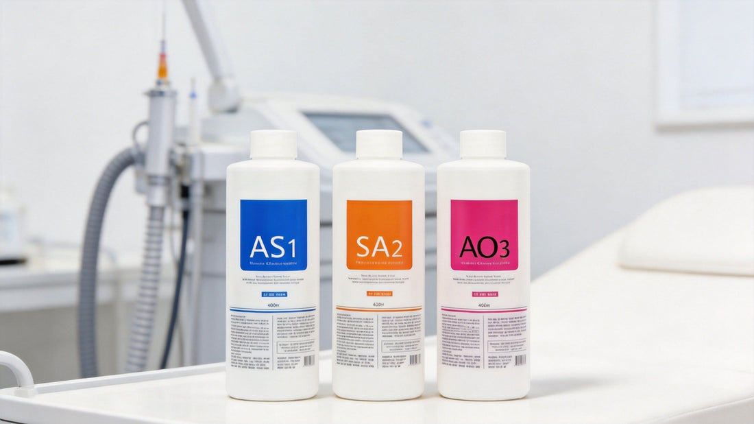 AS1, SA2 and AO3 aqua peeling solution bottles beside a hydro dermabrasion machine in a salon treatment room
