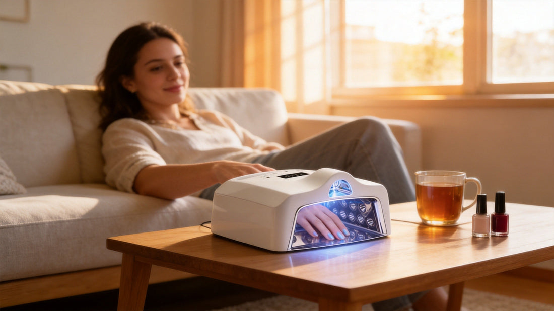Woman curing gel polish at home with a cordless nail lamp on a coffee table