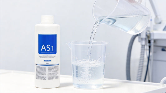 Pouring distilled water into a measuring cup beside an AS1 aqua peeling solution bottle on a salon counter