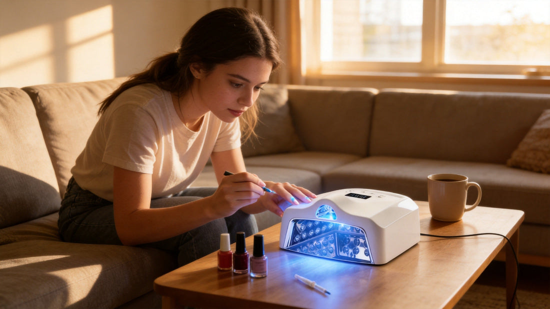 Woman checking her two-week-old gel manicure at home next to a cordless UV LED nail lamp