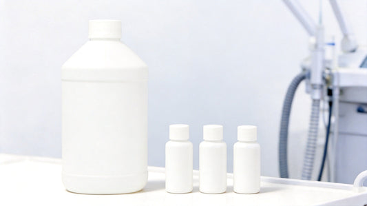 Large ready-to-use 400ml aqua peeling solution bottle beside three small 30ml concentrate bottles on a salon shelf