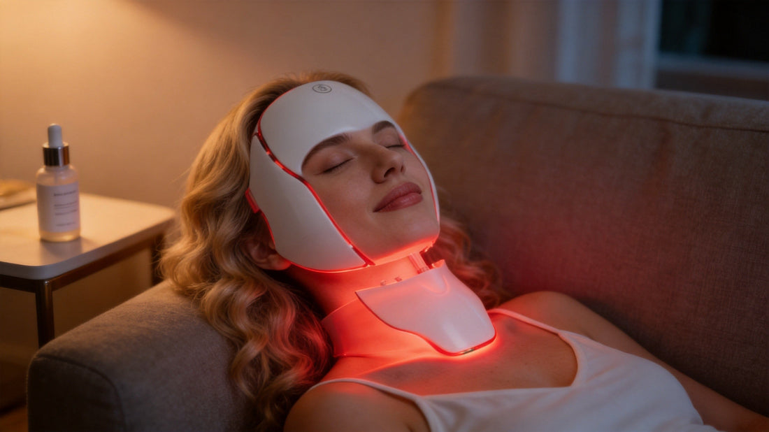 woman using a 7 color LED face mask at home in the evening | iTech Aesthetics