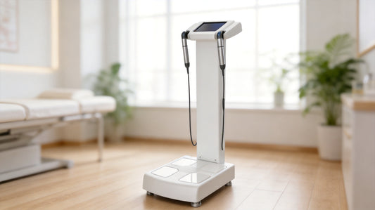 GS6.5C body composition analyzer with hand electrodes and foot plate in a bright salon consultation room