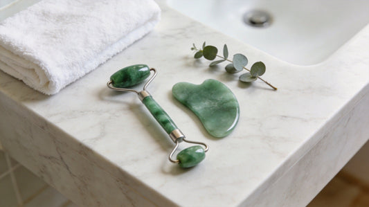 Jade roller and gua sha stone on a marble spa countertop — comparing the two jade facial tools