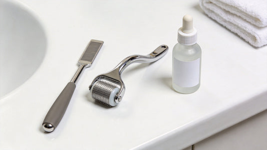 Derma stamp vs derma roller comparison: titanium microneedling stamp and derma roller on a bathroom counter with hyaluronic serum