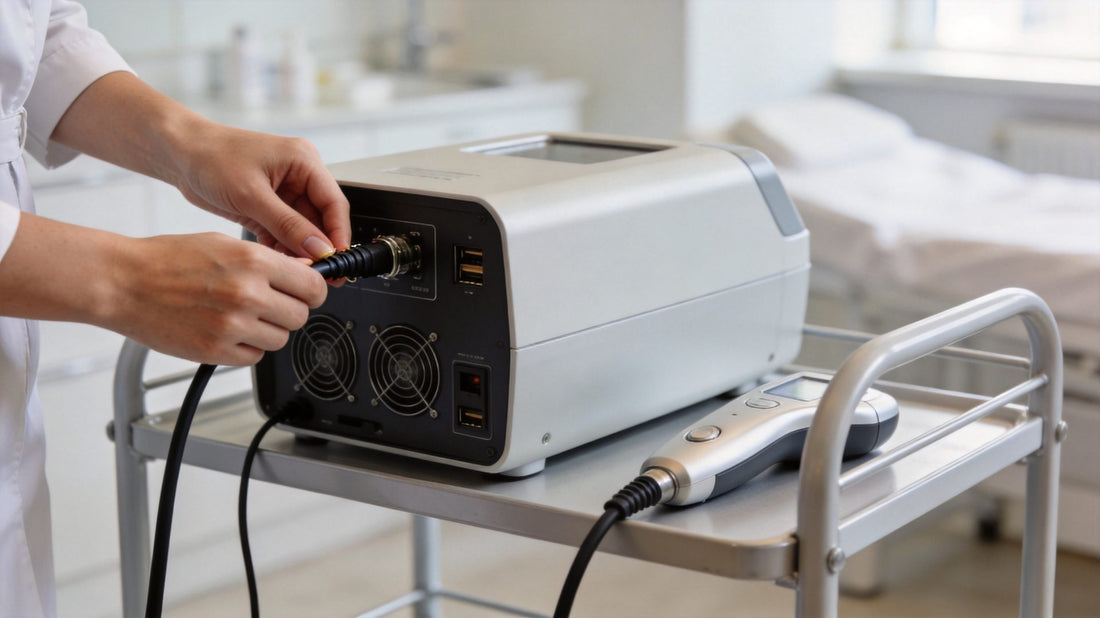 Clinician checking an RF machine handpiece in a treatment room — iTech Aesthetics