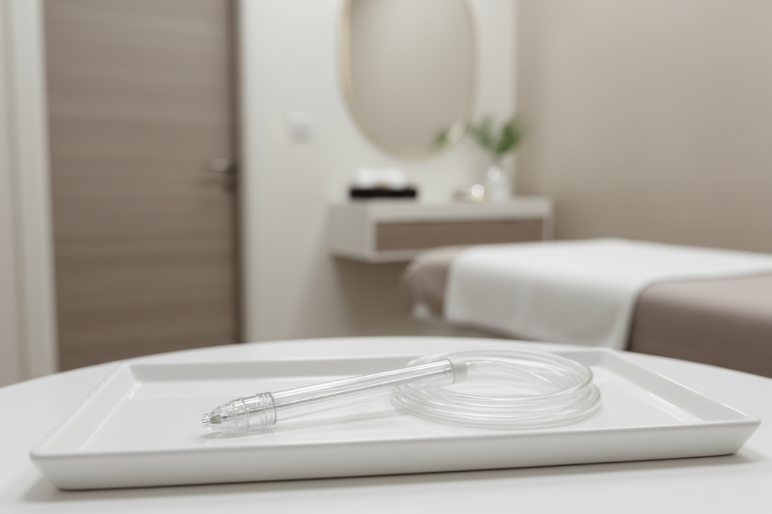 Jet peel handpiece with transparent tube and nozzle tip displayed in professional clinic setting - iTech Aesthetics