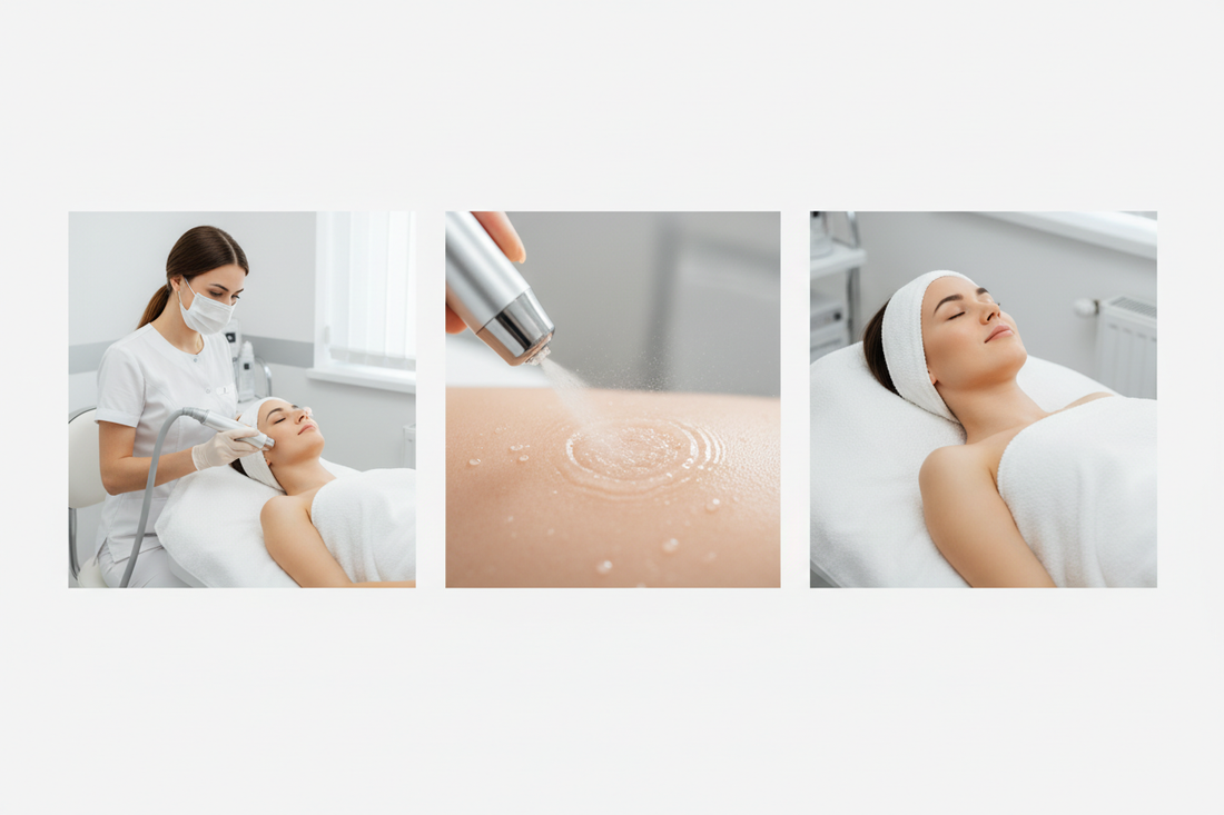 Jet peel handpiece treatment in professional clinic – triple nozzle application, nozzle close-up, and client facial session - iTech Aesthetics