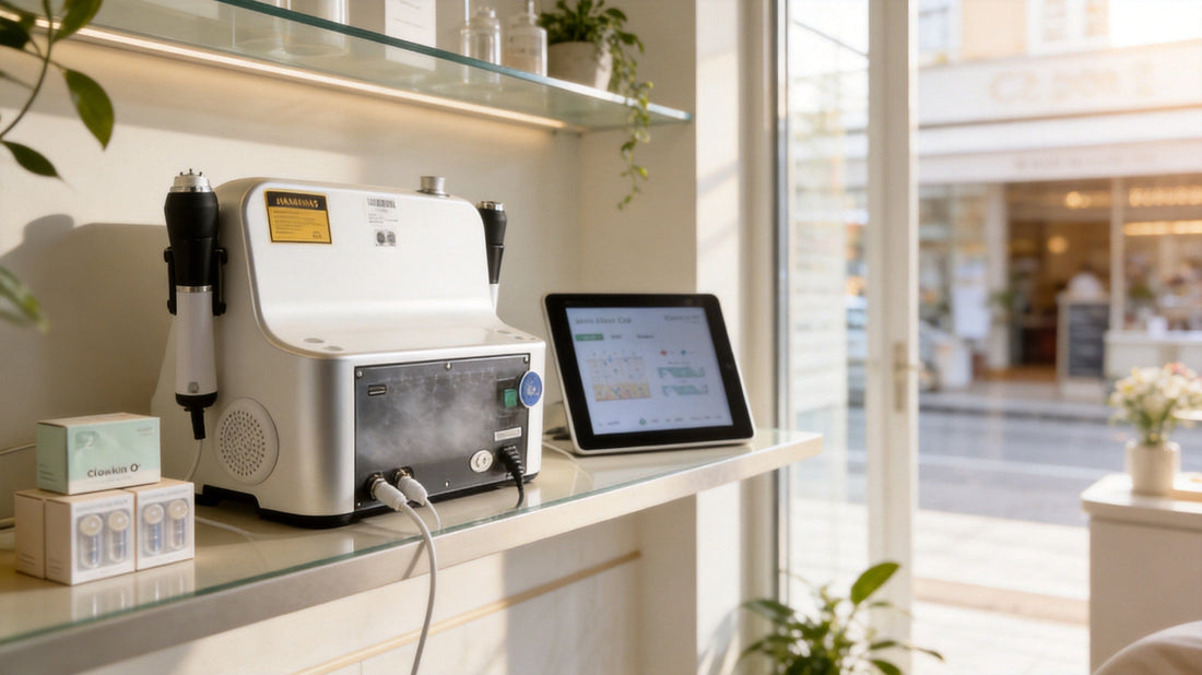 Spa reception with a CO2 bubble facial machine, booking tablet and consumable boxes