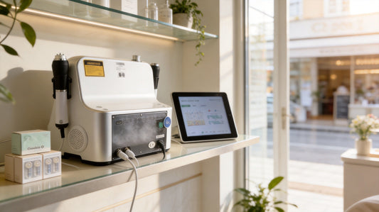 Spa reception with a CO2 bubble facial machine, booking tablet and consumable boxes