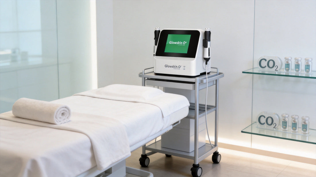 White CO2 bubble facial machine with CO2 pods on a spa treatment cart
