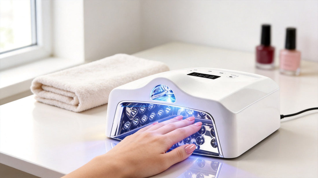 Woman curing glossy gel nails under a UV vs LED nail lamp with dual 365nm and 405nm wavelengths on a clean beauty desk