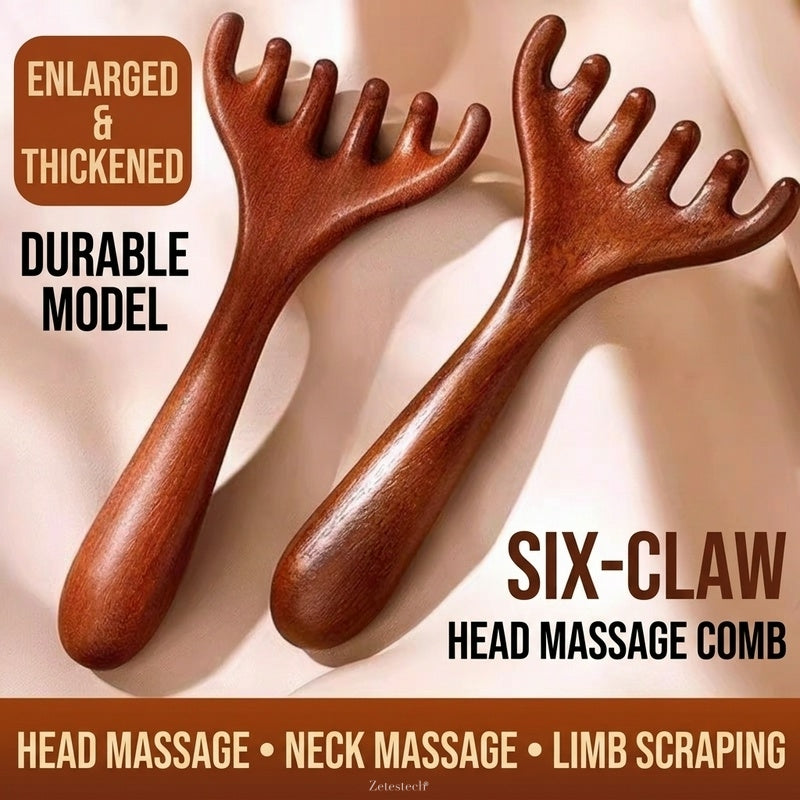Wooden Scalp Massager Comb, 6-Claw Wood Therapy Gua Sha Tool – Meridian Head Massager for Scalp Care, Lymphatic Drainage, Face & Jawline