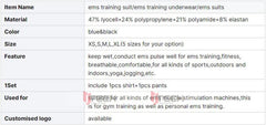 Blue Miha Bodytec Machine Ems Body Training Suit Lyocell Polypropylene Polyamide Elastan Blue Ems Underwear Ems Vest Training Suit XS, S,M,L,XL