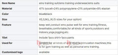 Blue Miha Bodytec Machine Ems Body Training Suit Lyocell Polypropylene Polyamide Elastan Blue Ems Underwear Ems Vest Training Suit XS, S,M,L,XL - Guangzhou Itech Aesthetics Co.,Ltd